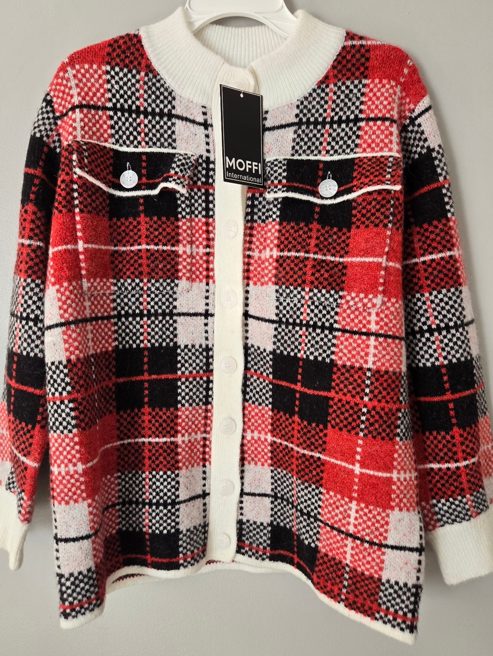 New Moffi International Cardigan Sweater Red Checkered Buttoned Up XL‎ Vintage